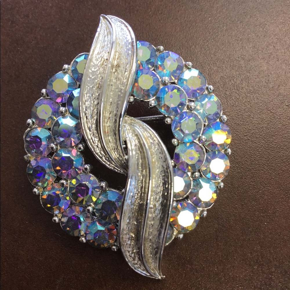 Vintage Aurora Borealis Brooch silver tone